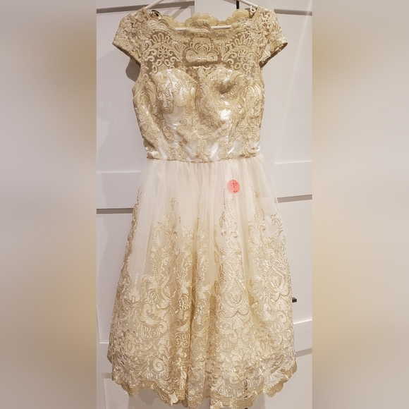 Chi Chi London Metallic Lace Midi Dress with Bardot Neck - Picture 2 of 8